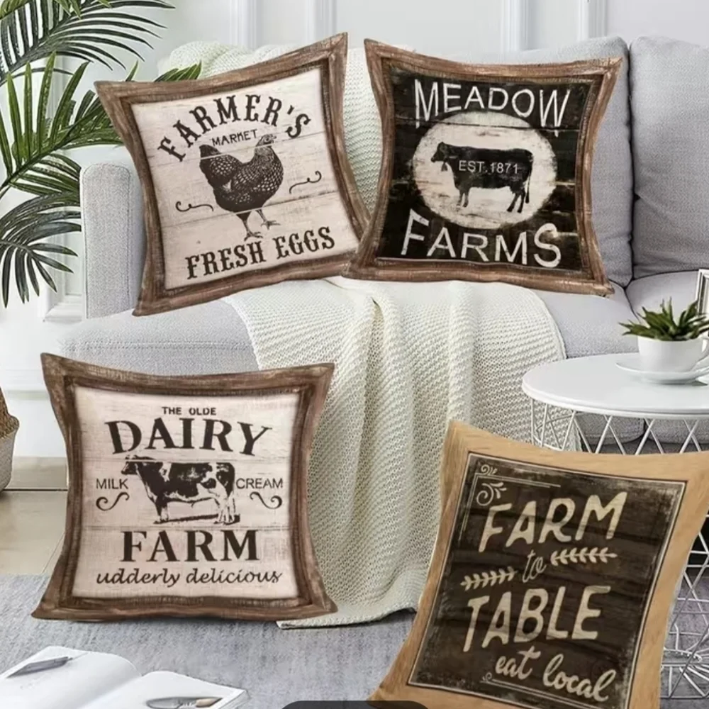 New 1pc Pillow Cover Rustic Wood Grain With Animal Farm to Table, T1MIS